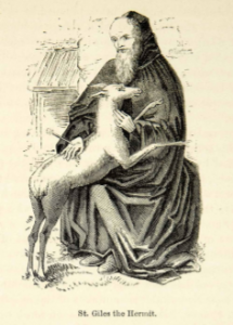 This is reproduced from an original 1872 black and white relief line-block print of Saint Giles, the Hermit whose only companion was a red deer.